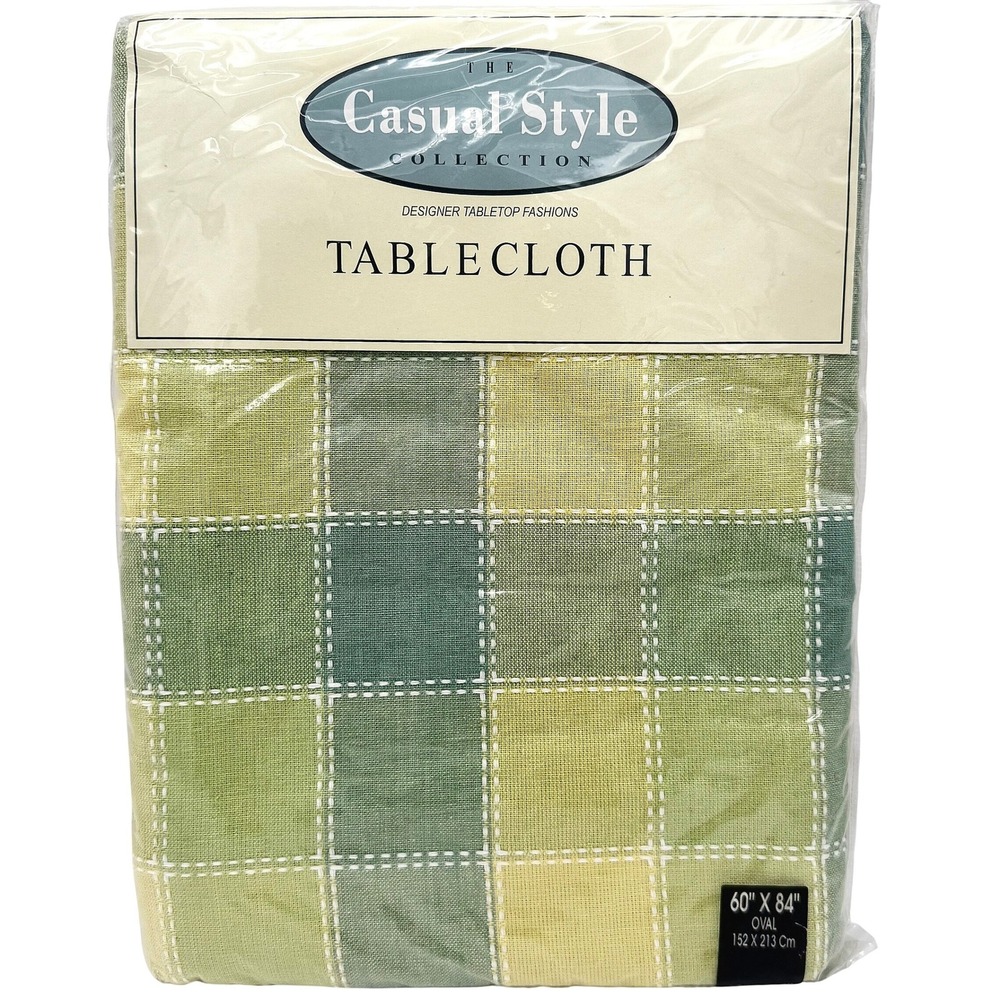 Casual Style 60x84 Oval 100% Cotton Tablecloth Green Yellow Plaid New Sealed